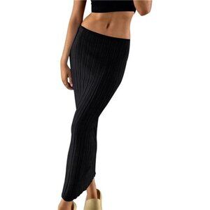 Women High Waist Knit Long Maxi Skirt Stretchy Black